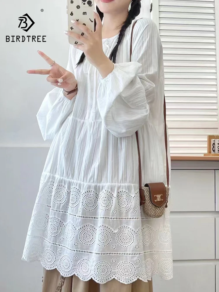 

Новинка 2025, осенняя хлопковая рубашка с рукавами-фонариками, женская рубашка с круглым вырезом и вырезом, повседневная свободная блузка средней длины в стиле ретро Mori Girl T58452CC