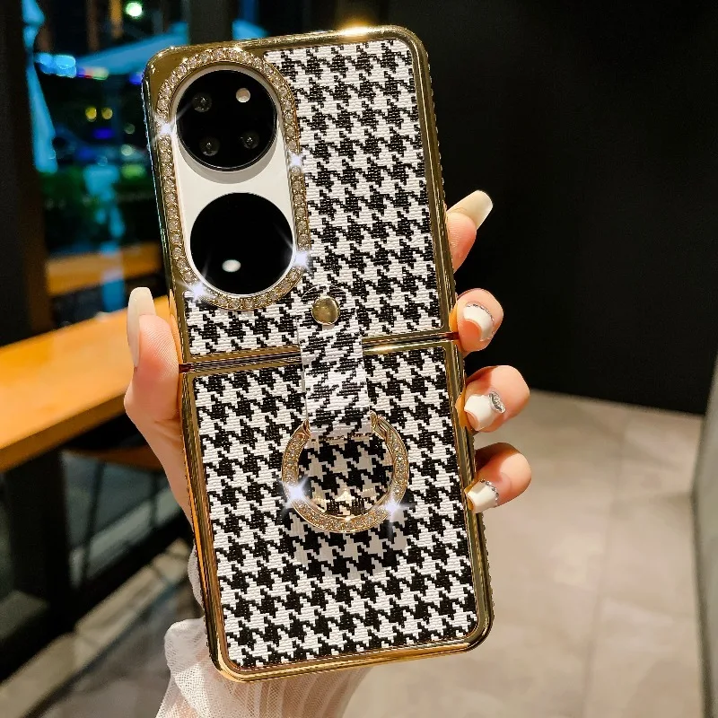 Diamond-encrusted Houndstooth Phone Case for Huawei P50 Pocket, New Foldable Ultra-thin Fashion Protective Cover, Full Coverage,