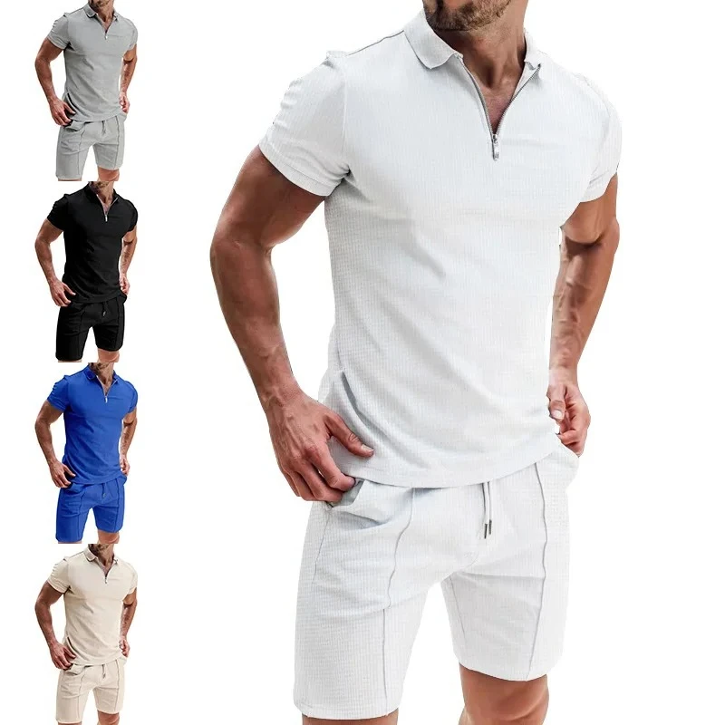 

Summer Men's Sports Polo Sets Short Sleeve Zipper Polo Shirt And Shorts Sets Men Casual Streetwear 2 Pieces Leisure Sports Suit