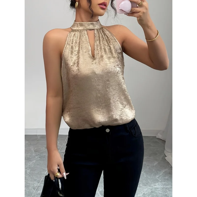 Women'S Elegant Sleeveless Sequin Halter Top - Golden, Button-Up, Casual Summer