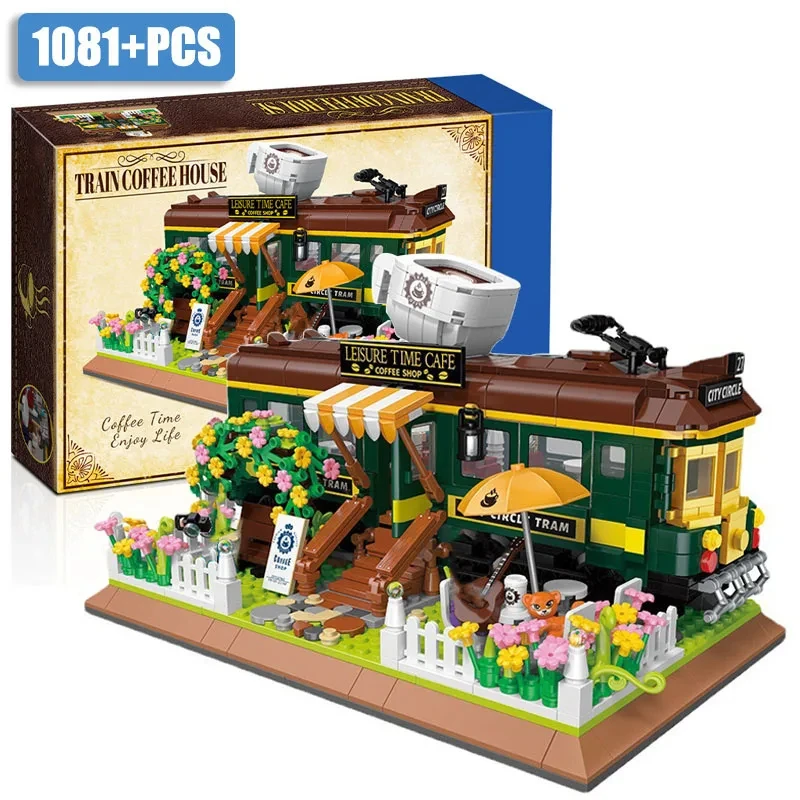 1081PCS Creative Retro Train Coffee Shop Mini Size Building Blocks City Street View Train Coffee House Bricks Toys Gifts for Boy