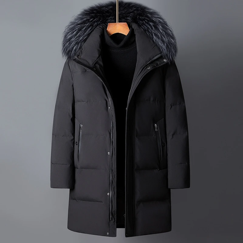 2024 Autumn/Winter New Men's Long Hooded Down Jacket with Large Hairy Neck Hat Thickened Cold proof and Warm Down Jacket