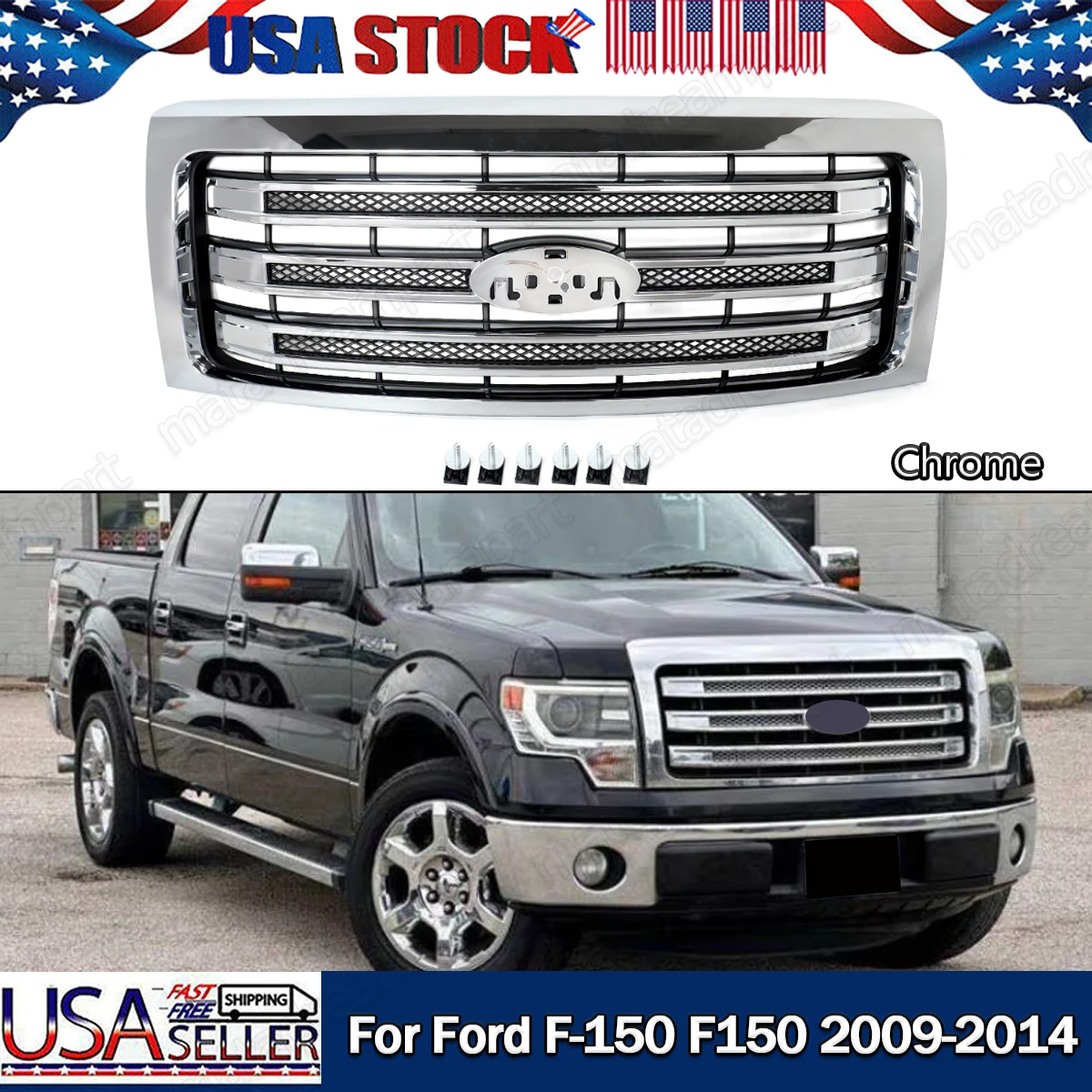 

Magickit Chrome Modified Grill Replace For Ford F150 2009-2014 3-Bar Factory Style Front Bumper Upper Grille Radiator Grid Grill