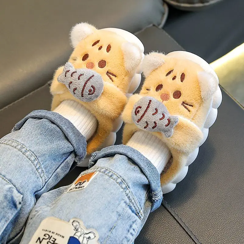 Winter Kids Thickened Non Slip Slippers Home Cartoon Furry Toddler Shoes Boys Girls Toddler Cotton Shoes