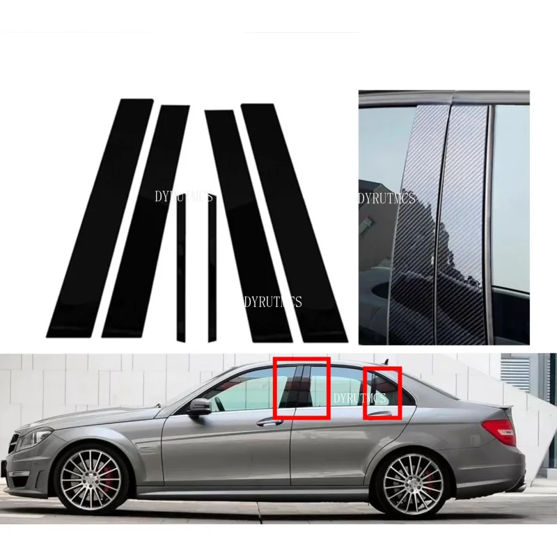 6PCS Gloss Black Pillar Posts Fit For Mercedes Benz C Class Sedan W204 2007-2014 Window Decor  Silver  Mouliding Trim Cover