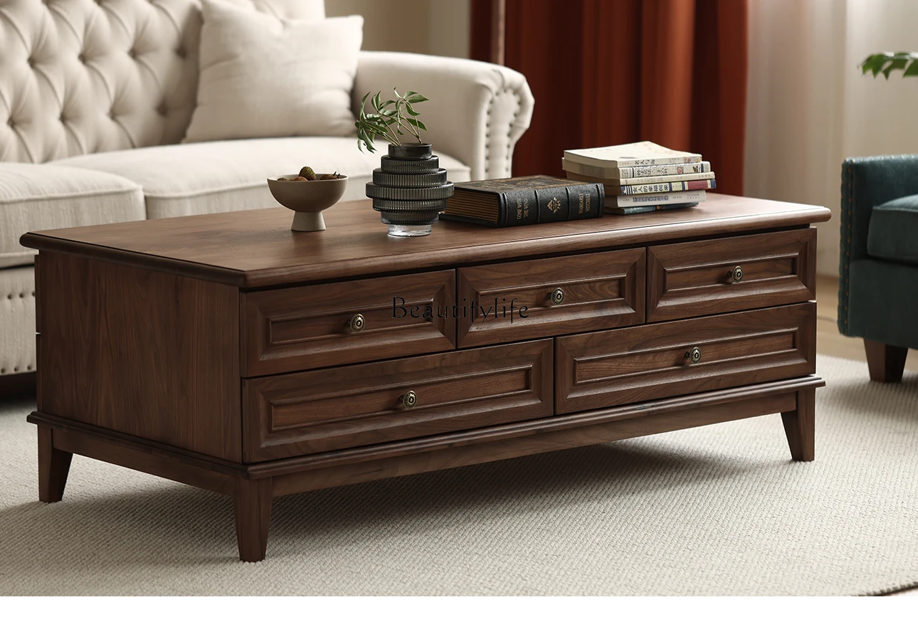 

American style solid wood coffee table retro black walnut with drawer rectangular simple antique furniture storage