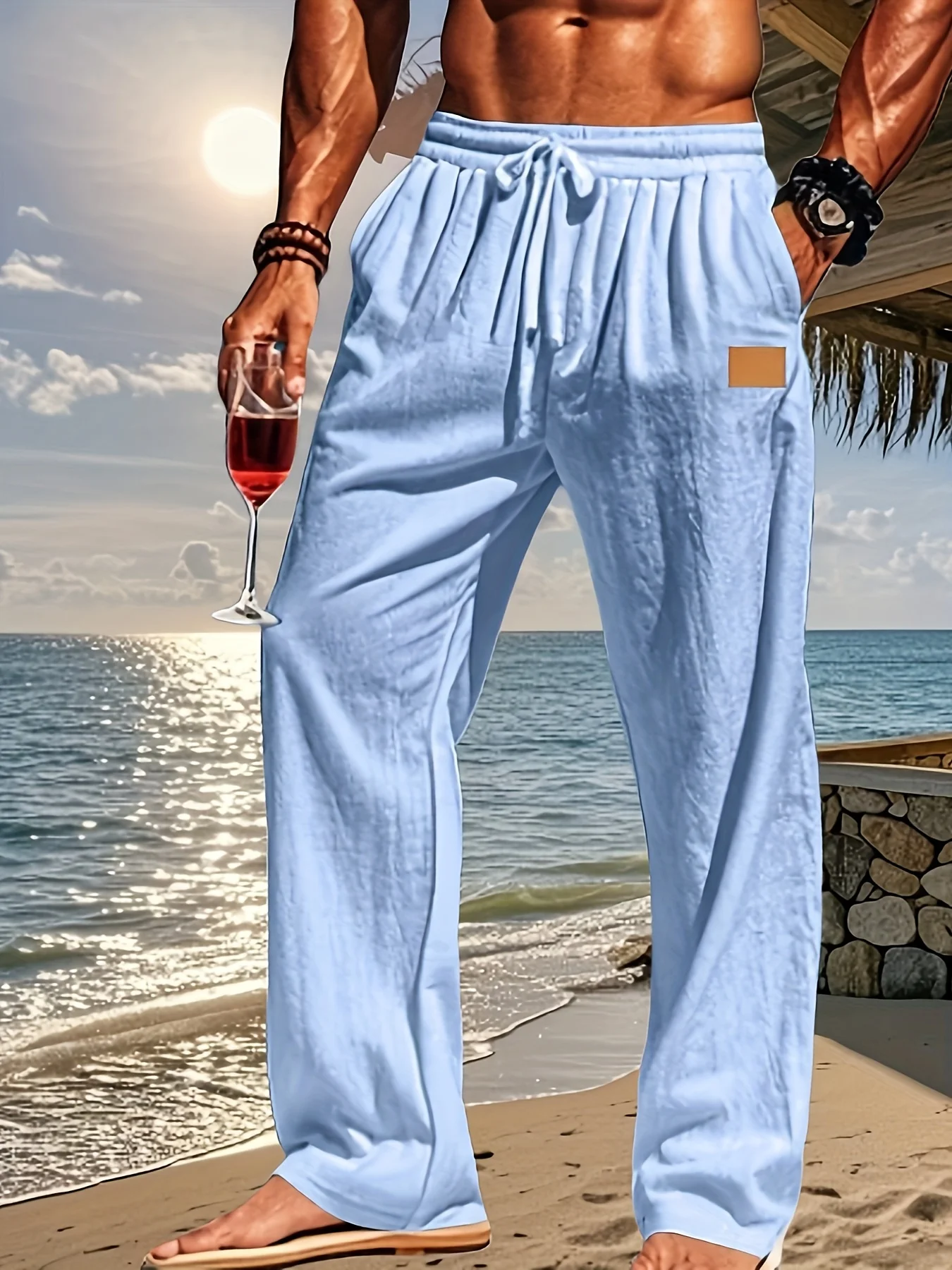 

Men's Lightweight Linen Beach Pants - Comfortable Straight with Adjustable Drawstring Waist, Side Pouch,