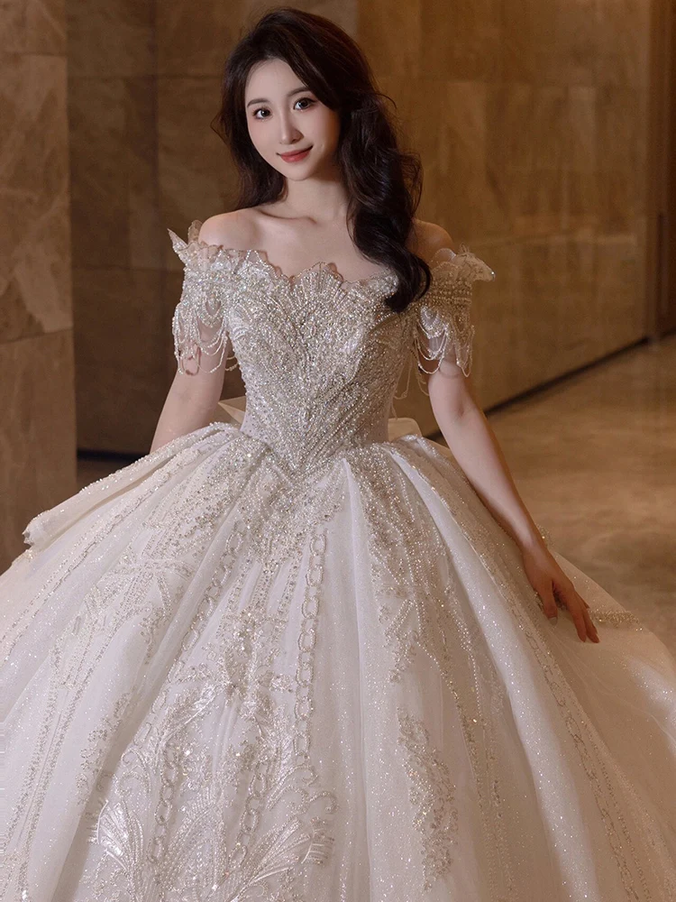 Vestido De Novia De lujo personalizado, hombros descubiertos con bordado De cuentas, vestidos De baile De princesa, novedad De 2024