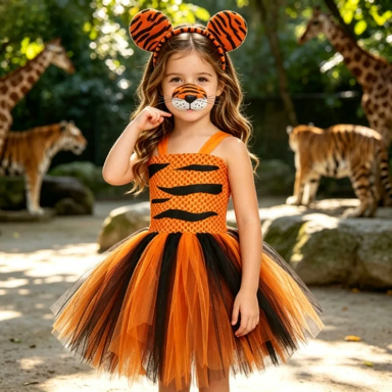 

Kids' Black & Orange Tiger Tutu Dress Set, Animal-themed Children Tutu Dress with Accessories, Kids Halloween Party Costume