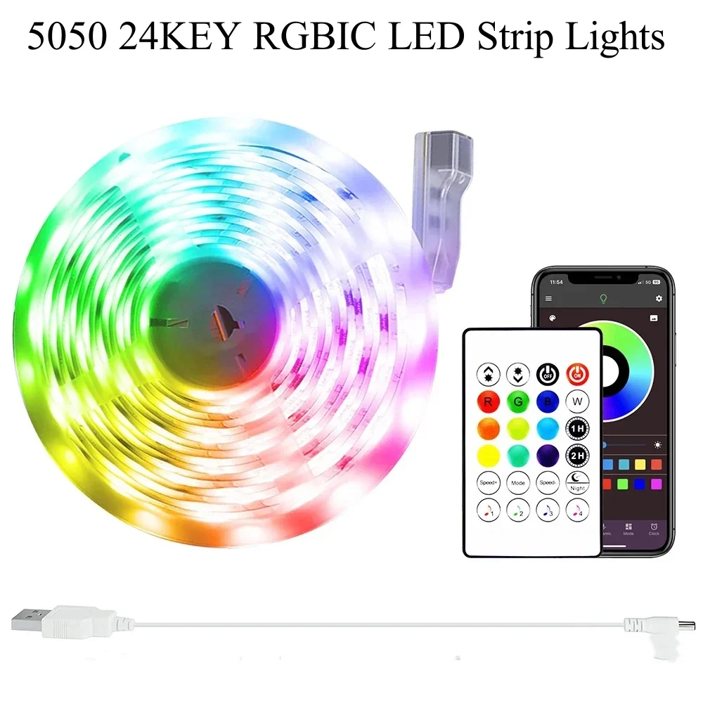 5050 24KEY RGBIC App Control LED Strip Lights Dreamcolor Bluetooth Rainbow Effect Decor LED Light Music Sync For Bedroom Party