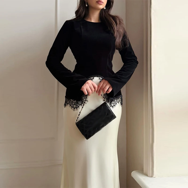 Fashion O-Neck Top+Skirt 2pc Set Elegant Lace Splice Long Sleeved Suit Temperament Black White Contrast High Waist Office Outfit