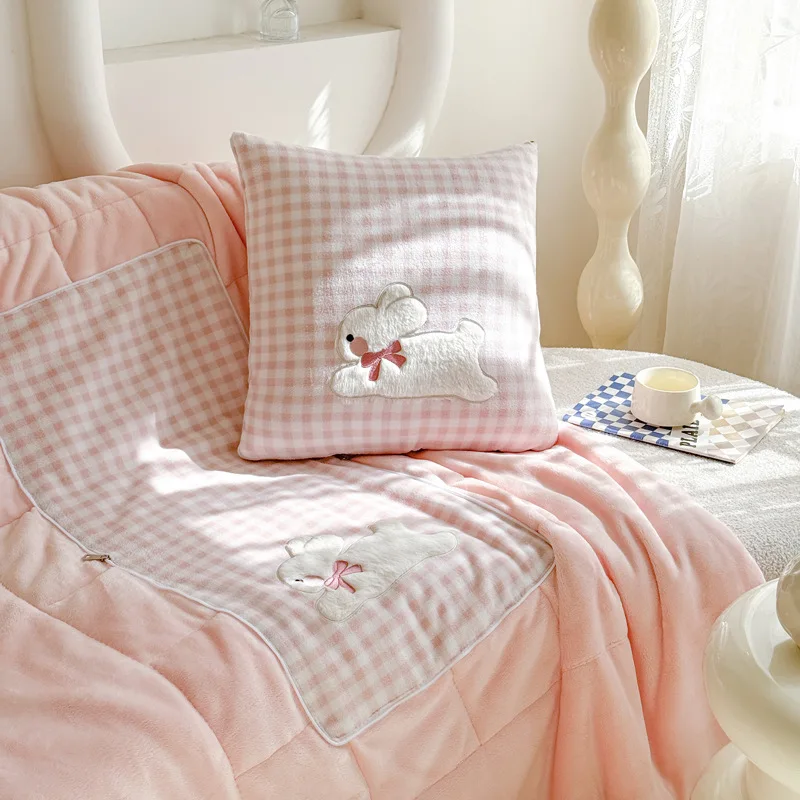 2-in-1 Thick Milk Fleece Throw Blanket Cute Rabbit Embroidery Foldable Decorative Pillow Soft Sofa Cushion for Living Room