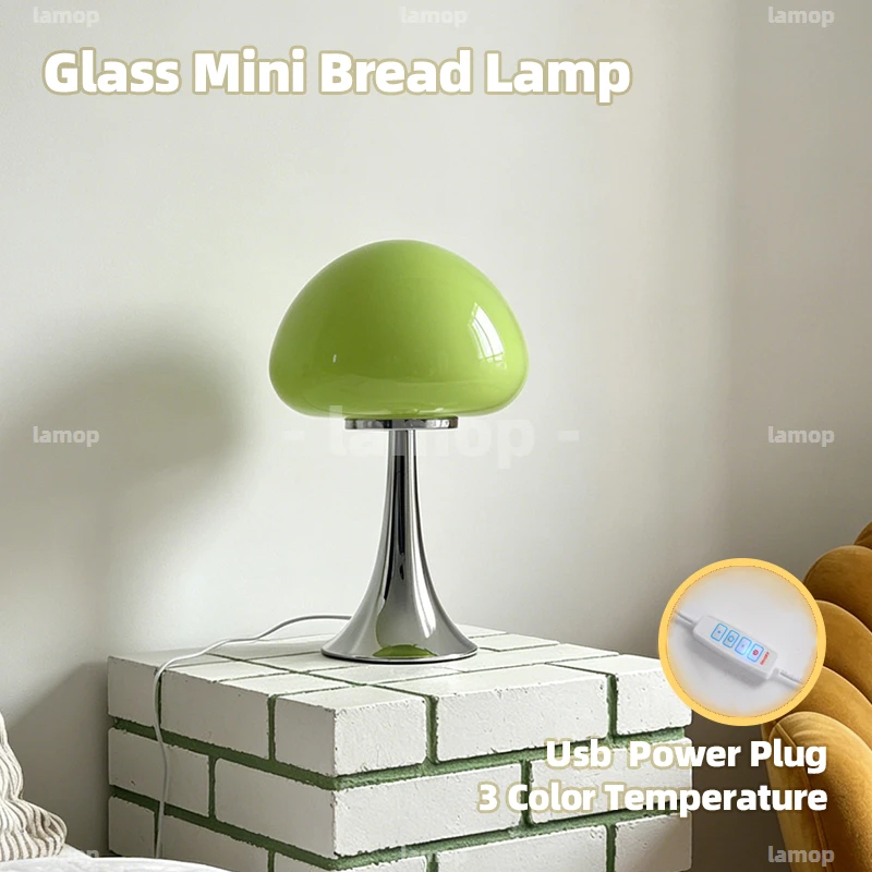 Mushroom‑Contour Glass Table Lamp French Cream Style 3‑Level Dimmable USB Powered Home Furnishing Table Lamp for Teen Room Entry