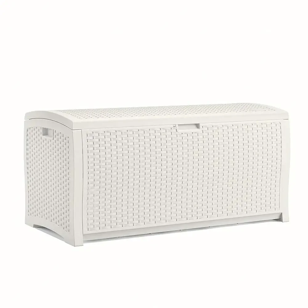 99 Gallon White Resin Wicker Deck Box Outdoor Storage Organizer Garden Pool Patio Safe Lockable Lid Easy Assembly Handles