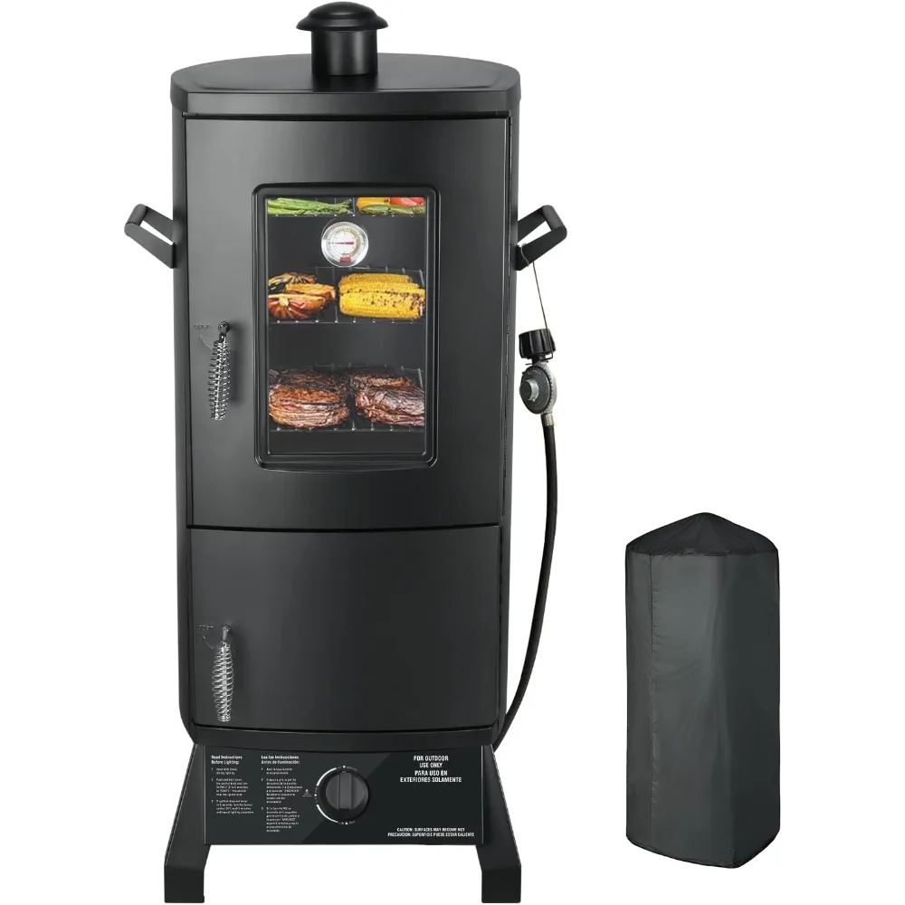 Smoker with Cover, Vertical Smoker Grill with Temperature Control Outdoor Heavy Duty Three Removable Smoking Shelves image 2