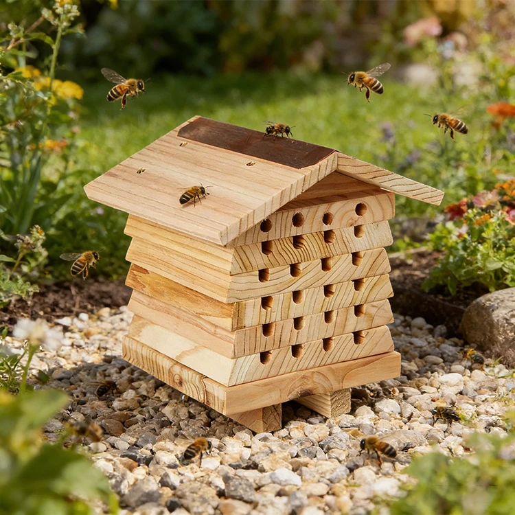 Eco-friendly polished beehives, garden hives designed to attract large bees and other pollinators