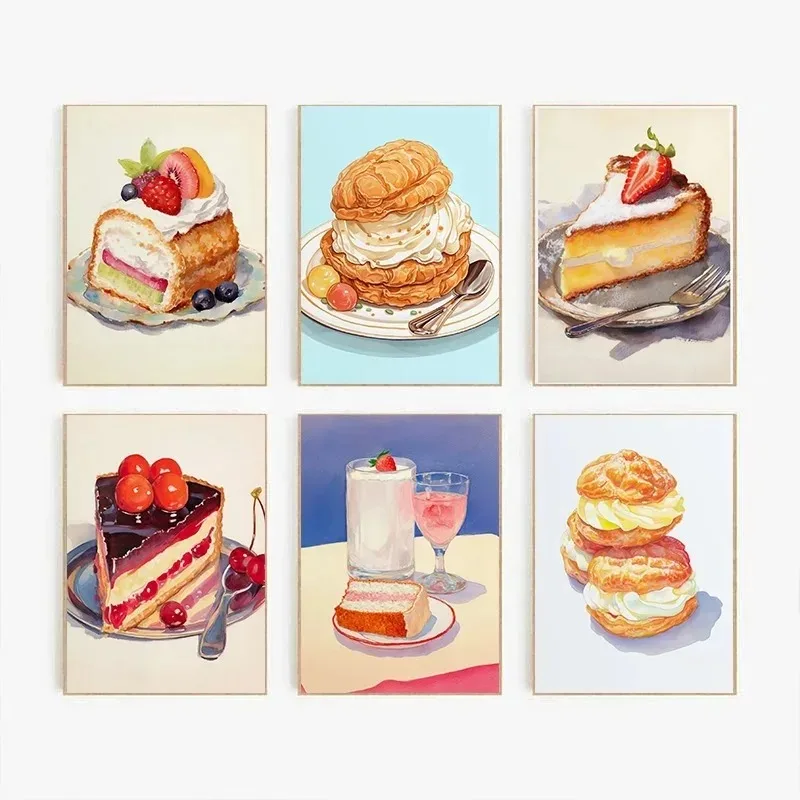 

Акварельный постер с французскими десертами: ягодный клубничный торт, крем-пайф, картина на холсте, декор для комнаты, кухни, дома