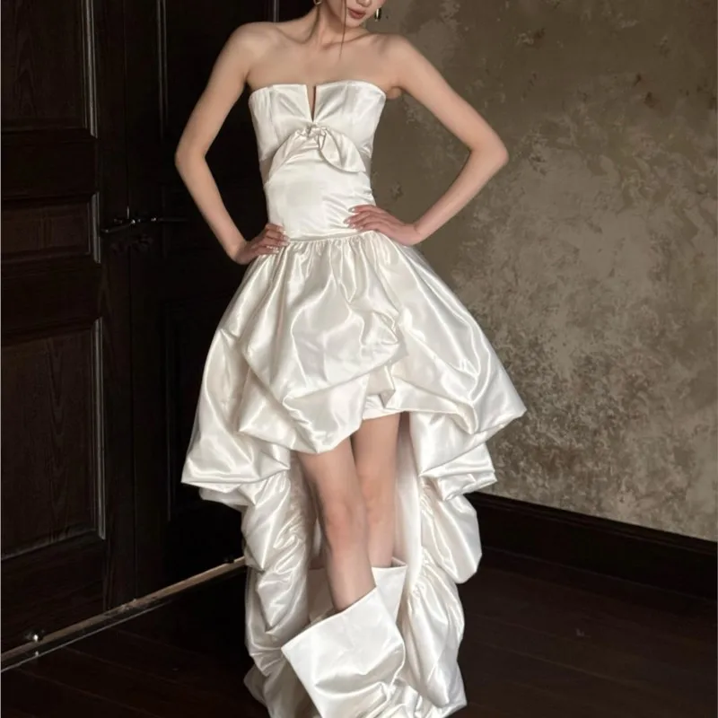

Strapless light luxury and simple style short front long back white satin travel dress for going out