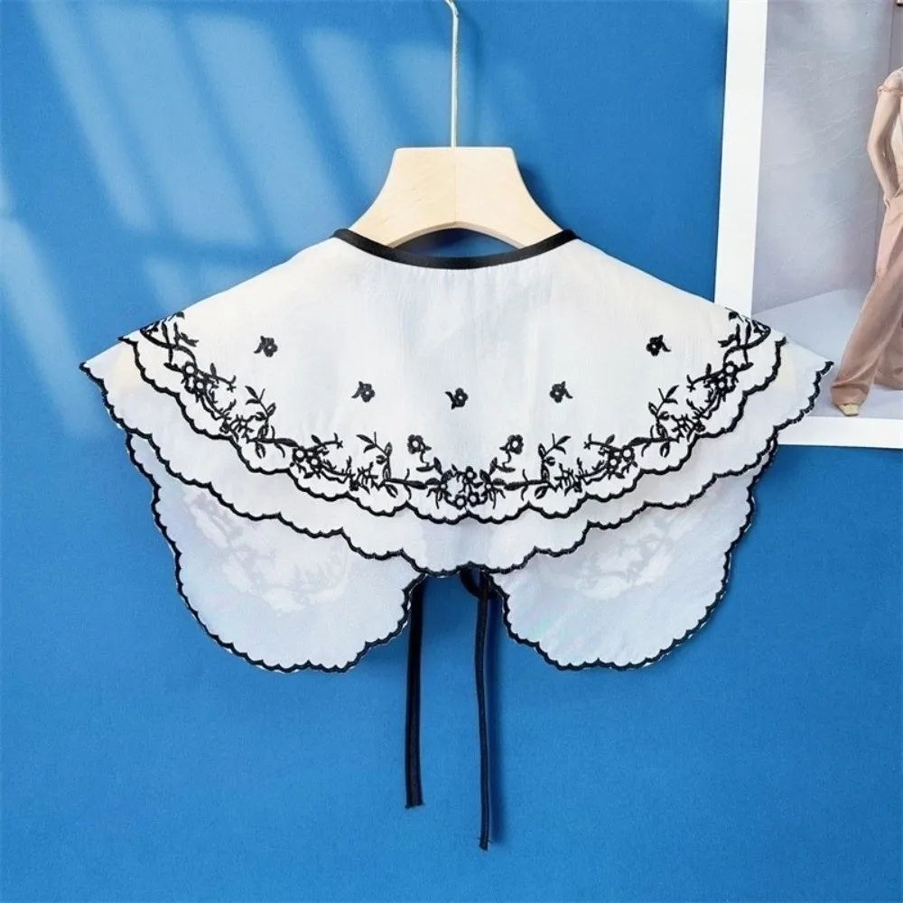 Black White Organza Fake Collar Embroidered Elegant Nail Bead Tie Versatile Style All-match Imitation Pearl Decorative Shawl