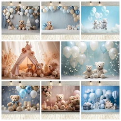 Teddy Bear Background Photography for Children's Birthday Party Custom Poster Blue Scene Balloon Decoration Baby Shower