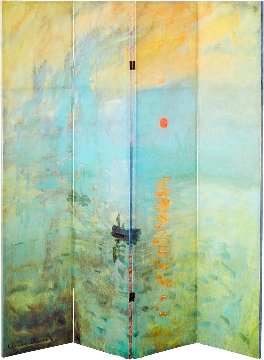 Double Sided Works Of Monet Canvas Impression Sunrise/Houses Of Parliament Room Divider, 6 Ft Tall - 4 Panel, Multi Color