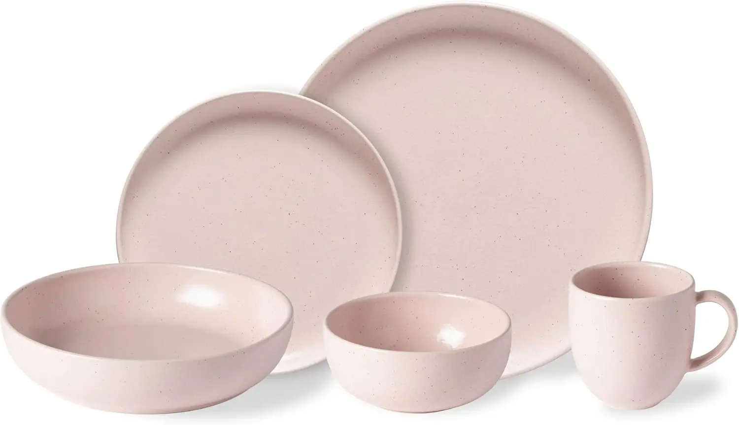 

5 Piece Stoneware Place Setting, Pacifica Marshmallow Pink, Dinner Plate, Salad Plate, Pasta Bowl, Cereal Bowl, Mug