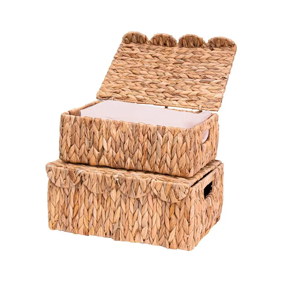 

Scalloped Edge Wicker Basket with Lids, Rectangle Wicker Storage Basket with Builtin Handles, Multipurpose Organizer Rattan Disp