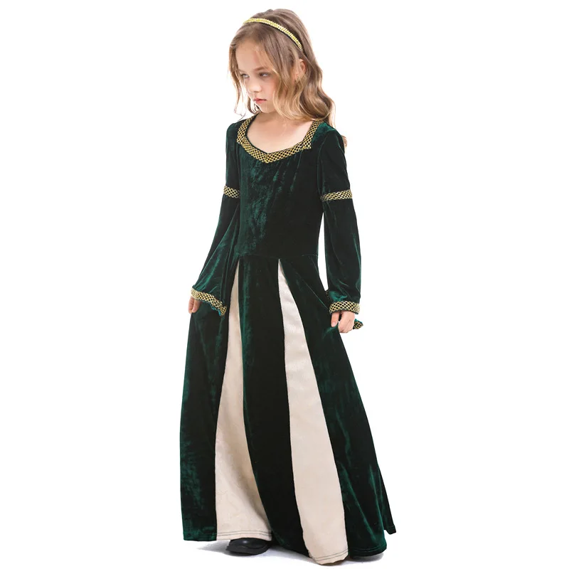 Renaissance, Retro, Middle Ages Girls' Clothing, Song and Dance Drama Stage Performance Clothing, Dark Green Flare Sleeves Long