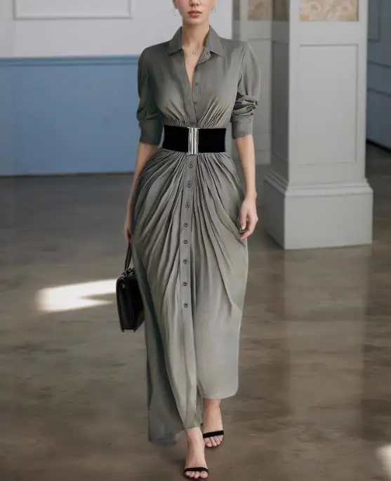 

Spring and Autumn New Fashionable Style Flip Collar Buckled Shirt Skirt with Belt Dress Temperament Commuting Casual Dress