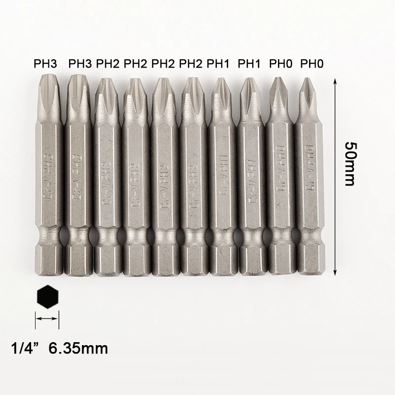 10pc 50mm PH1 PH2 PH3 Screwdriver Bit Set 1/4\