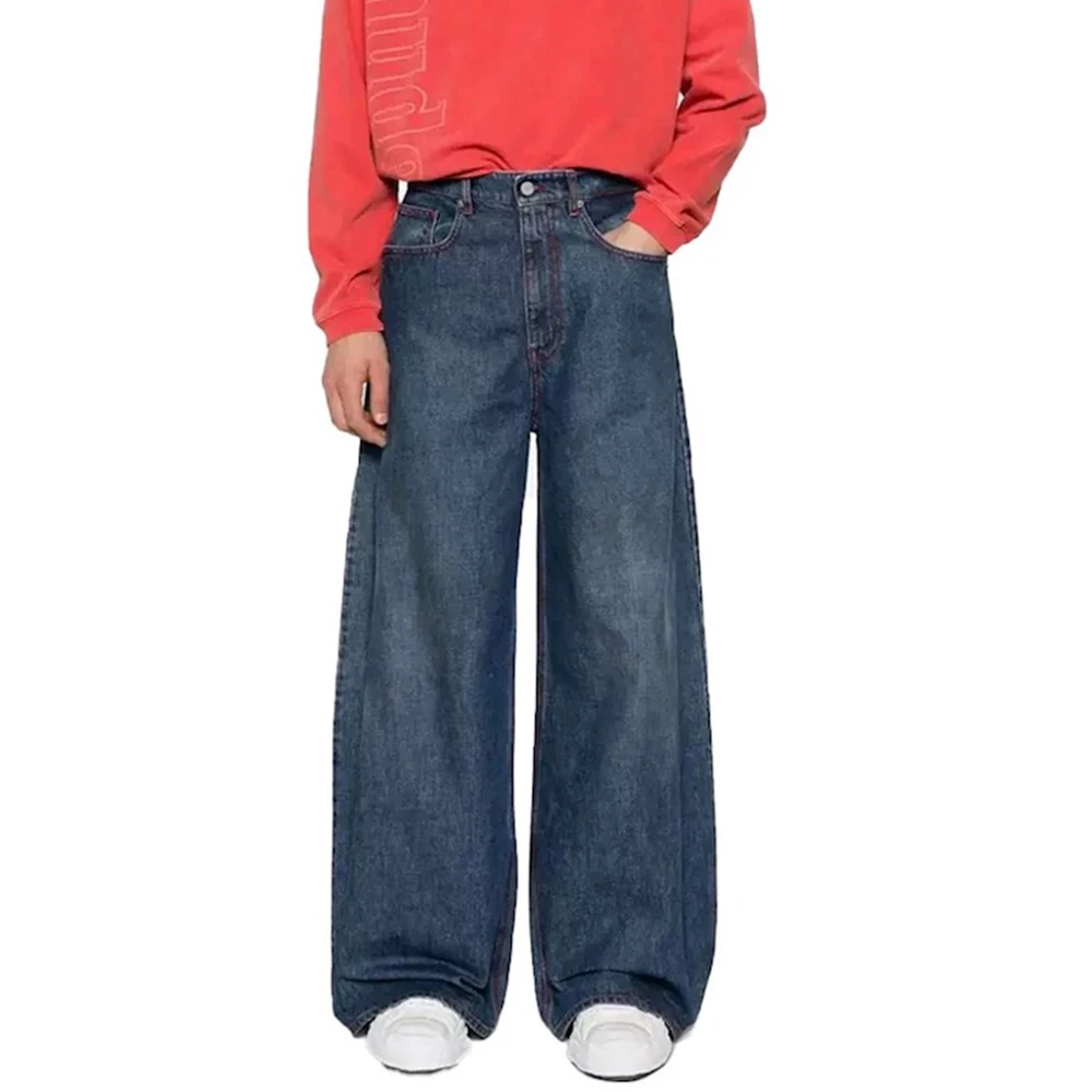 

Streetwear Washed Blue Bright Line Baggy Jeans for Men and Women Wide Leg Straight Vintage Loose Casual Denim Trousers Oversize