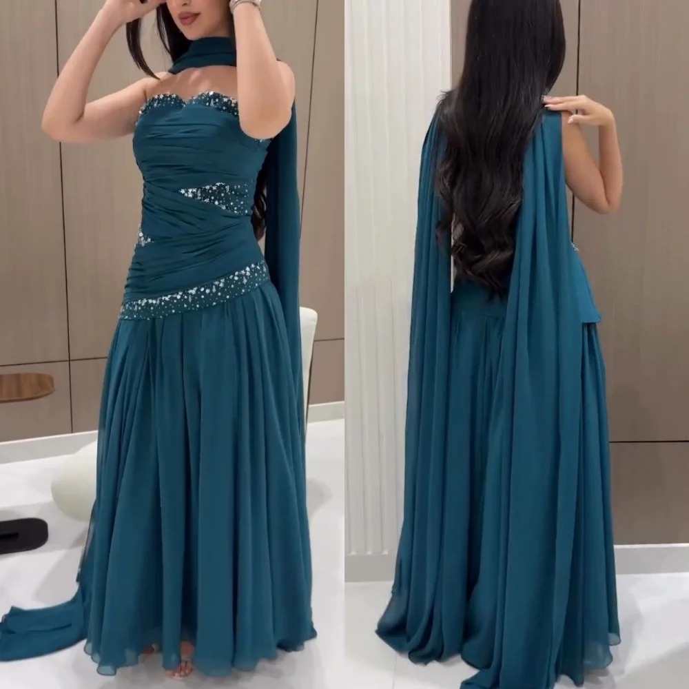 

Customized Chiffon Pleat Sequined A-line Long Dresses Bespoke Occasion Prom Women's Evening Elegant Party Sparkle High Quality