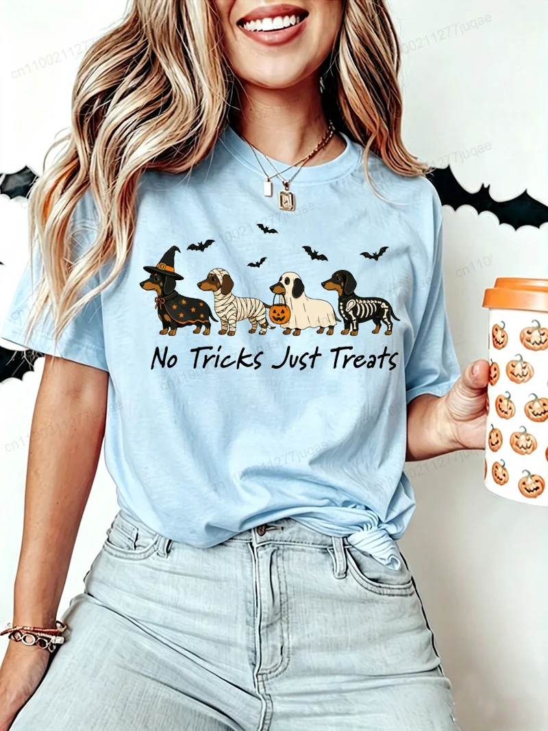 Women's Casual Short Sleeve T-Shirt Clothing Halloween Dachshund Dog Tricks or Treats Graphics Print T-Shirts Short Sleeve Gifts