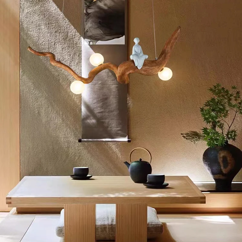 Chinese Style Zen Resin Branches Pendant Lights Tea House Dining Room LED Hanging Lamp Fixtures Indoor Decor Lighting Wood Color