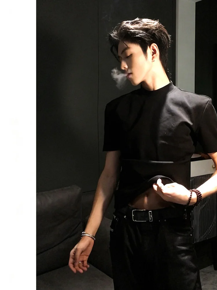 Black Slim Fit Short Sleeve T-Shirt Half High Collar Shoulder Pad Men's Summer Casual Style Pure Color Fashionable And Youthful