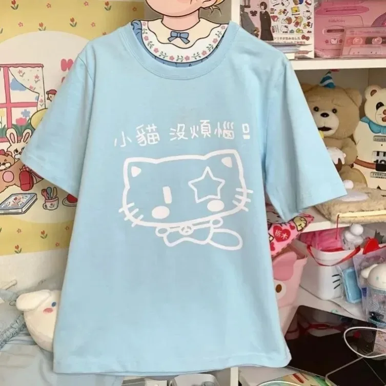 

Sweet Kawaii Cat Print O-neck BaBy Blue T-shirts Summer Loose Oversize Cotton Tops Women Y2k Grunge Shoirt Sleeve Tee Shirt