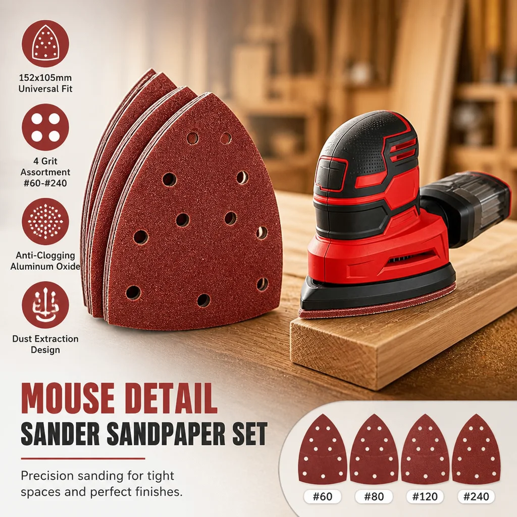 Mouse Detail Sander Sandpaper 152x105mm Aluminum Oxide Triangle Sanding Pads 60 80 120 240 Grit for Wood Metal Drywall Furniture