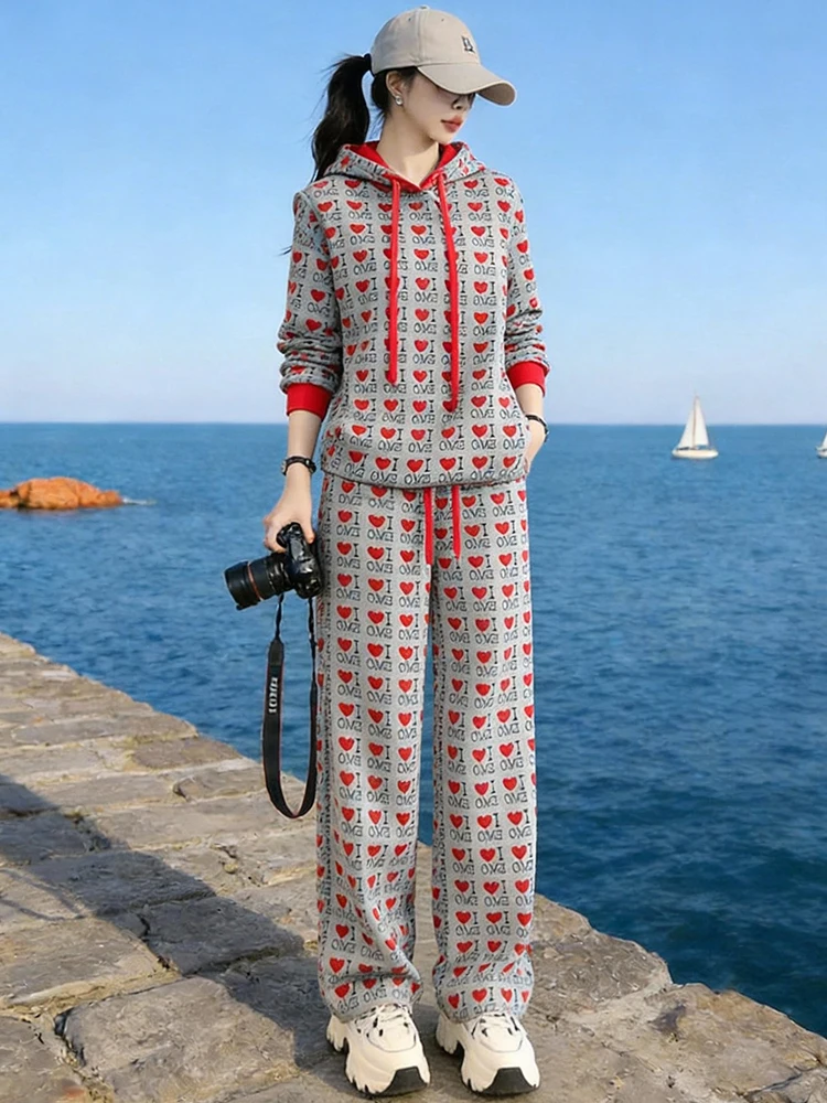

Spring Women's Casual Sporty Love Heart Sweatshirt Wide Leg Pants Two-Piece Set Comfortable High Waist Long Sleeve Hoodie