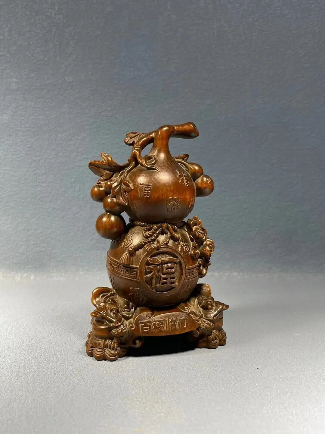Chinese Boxwood Wood Hand Carved Gourd Statue Feng Shui Auspicious Statue