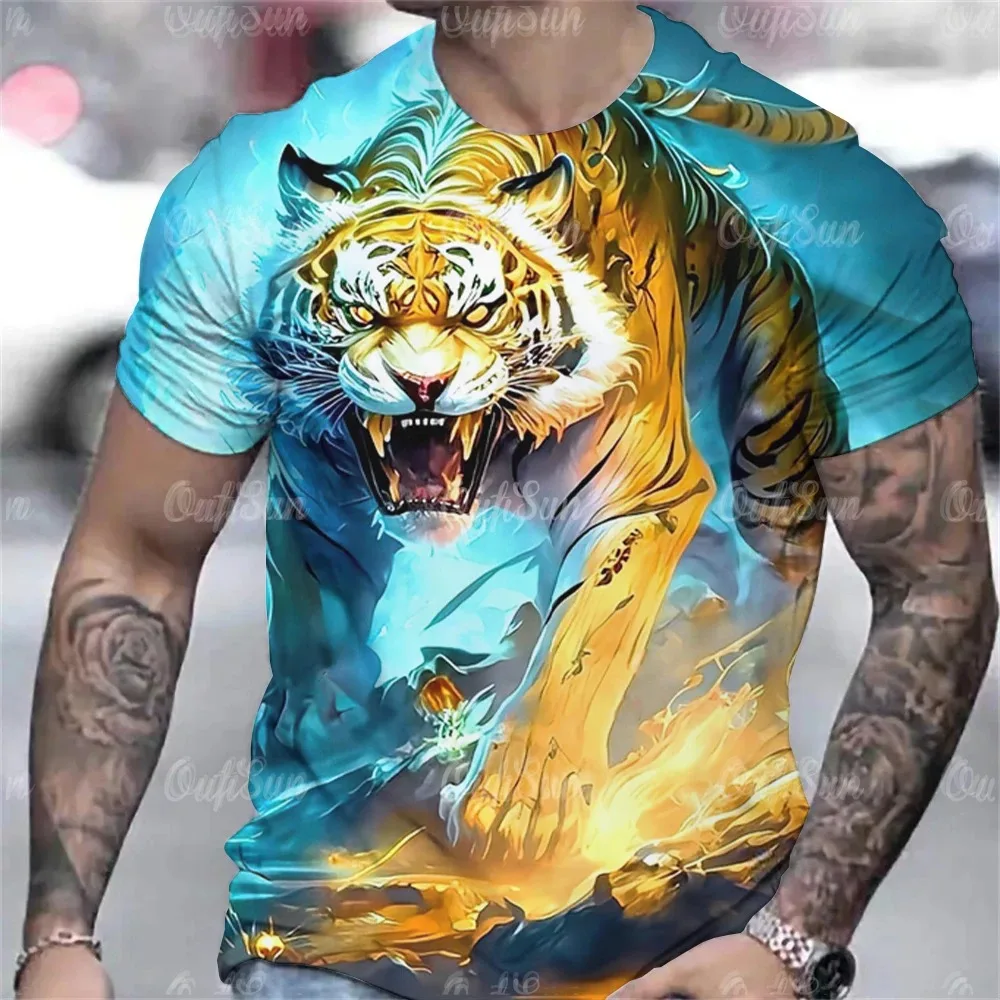 Summer Men Vintage T-Shirt Ferocious Tiger Printed O-Neck Tops Tees Male Casual Short Sleeve Clothing Fashion Trend Streetwear