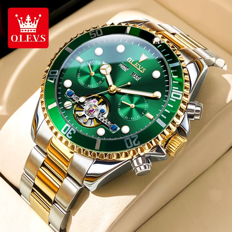 

OLEVS Automatic Mechanical Watch for Men 42.8mm Big Dial Green Water Ghost Men's Wrist Watches Luxury Skeleton Noctilucent Watch