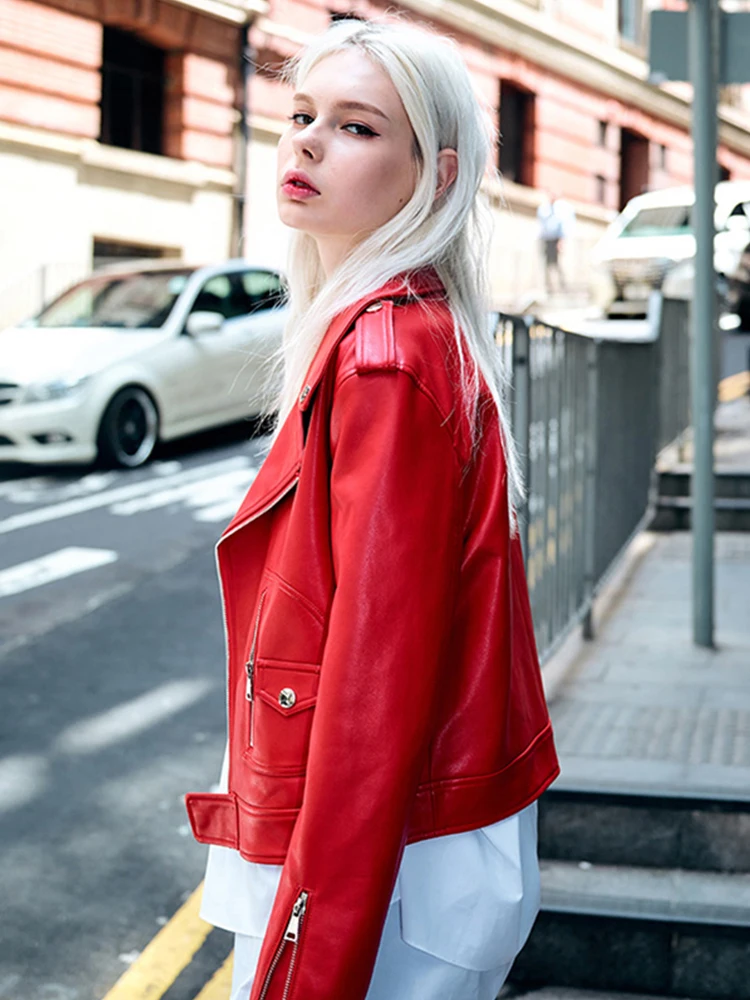 FMFSSOM-abrigo de piel sintética para mujer, Chaqueta corta ajustada de piel sintética, con cuello vuelto, ropa de moto Y2k, color rojo, Primavera