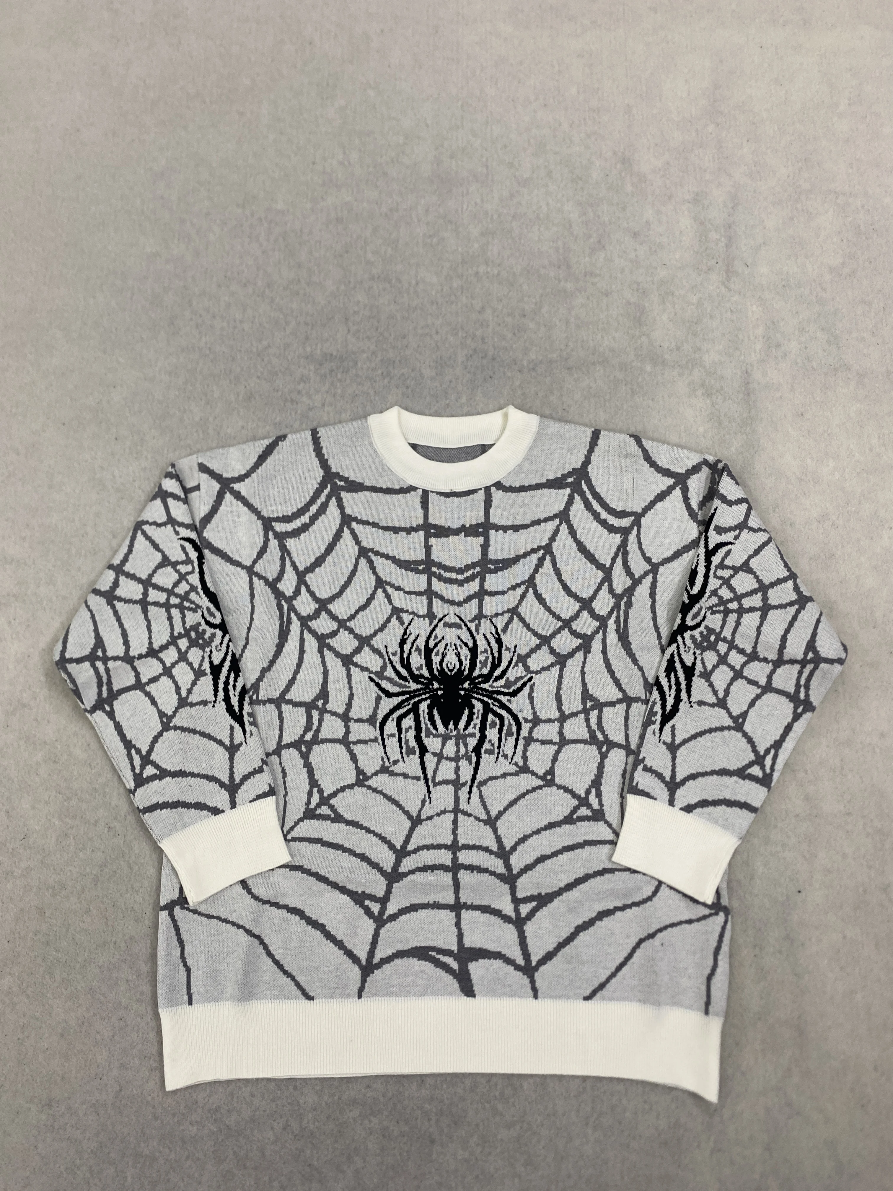 Unisex Light Gray Crew Neck Sweater Full Spider Web Spider Jacquard Print Loose Drop Shoulder Dark Goth Y2K Knit Pullover