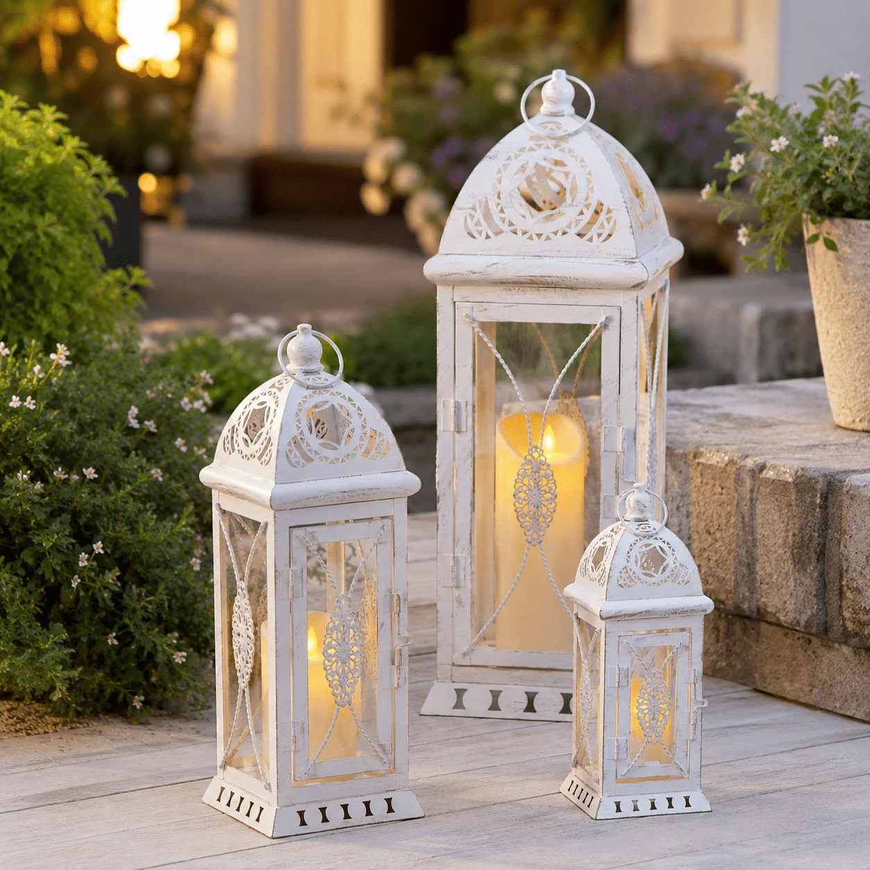Set Of 3 Decorative Candle Lanterns 22''&16'&11' H Vintage Metal Candle Holders For Garden Yard Patio Wedding Parties Events Ind
