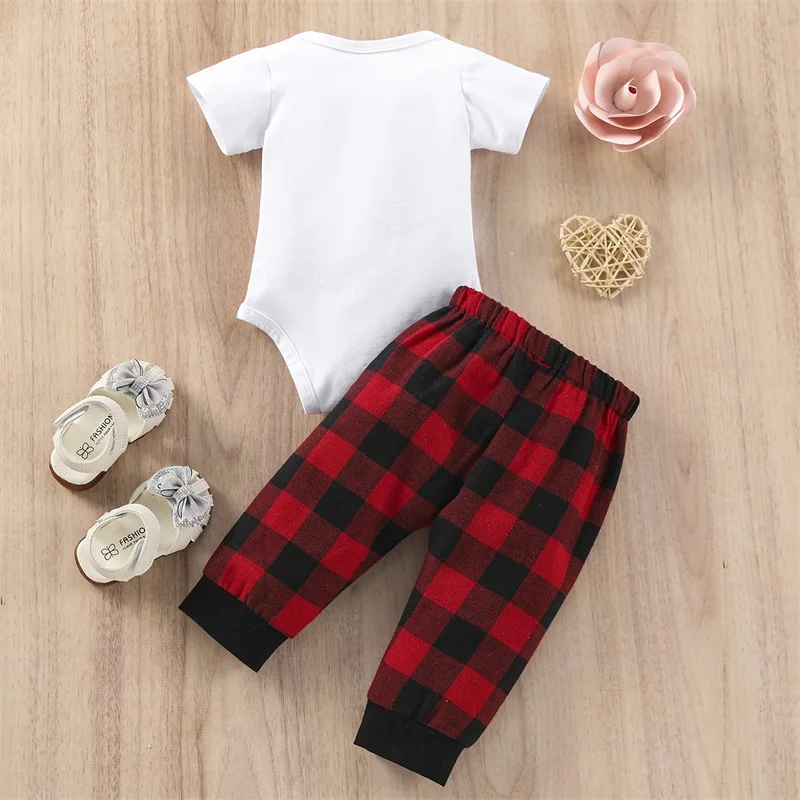 Cute Infant Holiday Clothing Set Festive Romper with Lettering Design and Matching Plaid Pants with Elastic Waistband