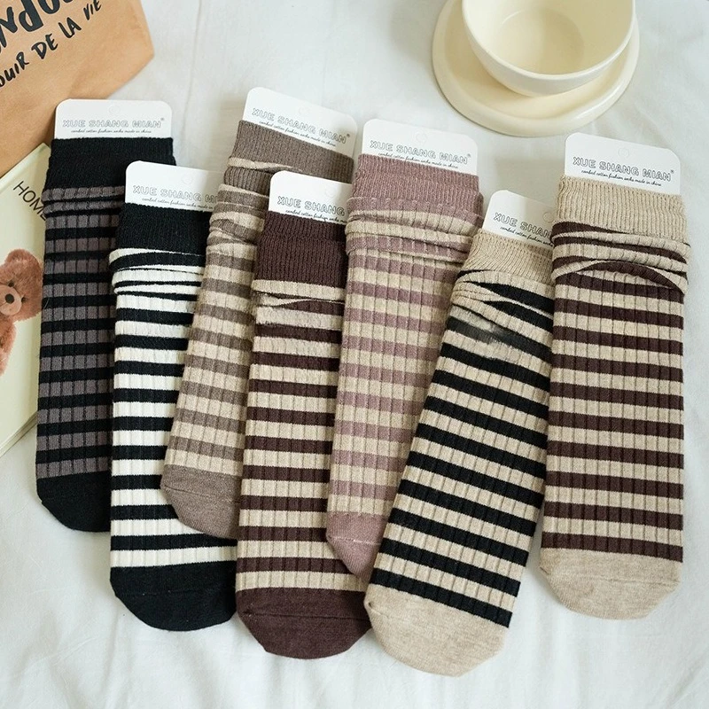 

Autumn Winter Children Retro Striped Long Socks Children Kids Girls Cashmere Warm Long Tube Coffee Color Cotton Socks Stockings