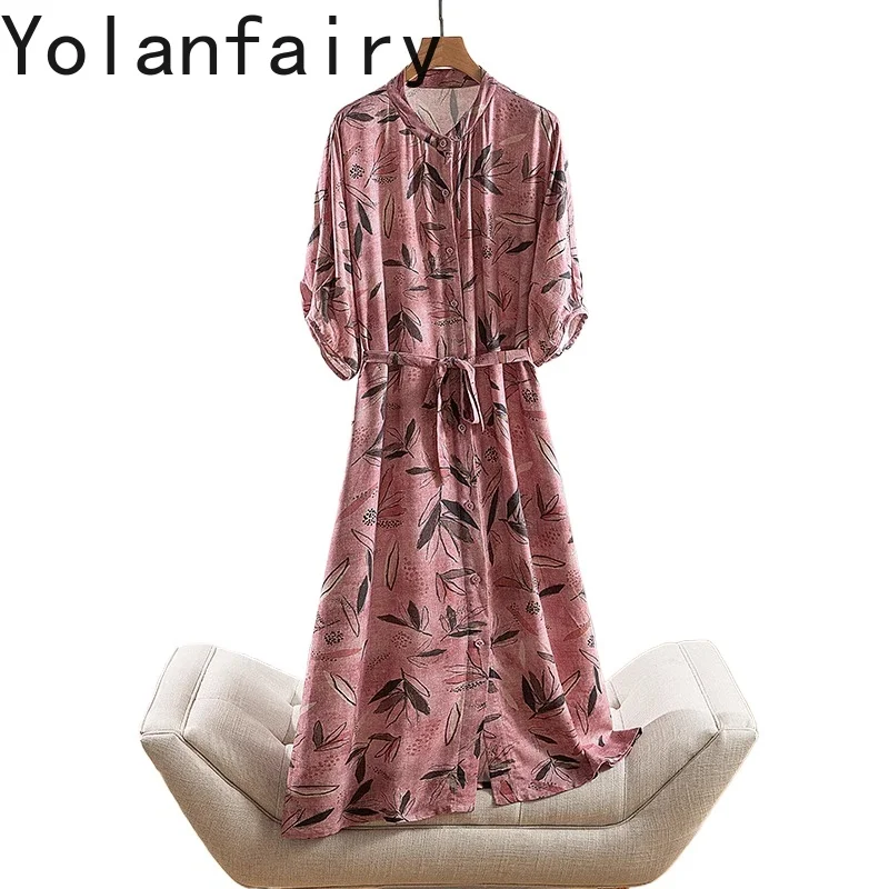 YOLANFAIRY 70% 뽕나무 실크 30% 코튼 드레스 여성 우아한 프린트 셔츠 드레스 여성 라운드 넥 하프 슬리브 여성 드레스