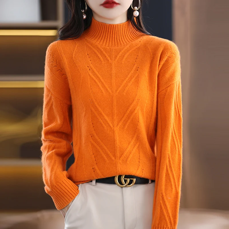 100% Pure Wool Women's Autumn And Winter New Half-Turtleneck Sweater Knitted Bottoming Shirt Loose Slim Temperament Blouse