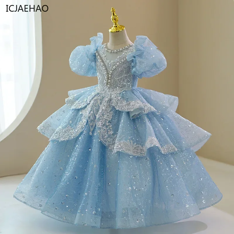 

2025 Baby Girl Princess Dress Sequin Party Dresses for Children Puff Sleeves Clothing Classy Flower Girls Costumes Weddings