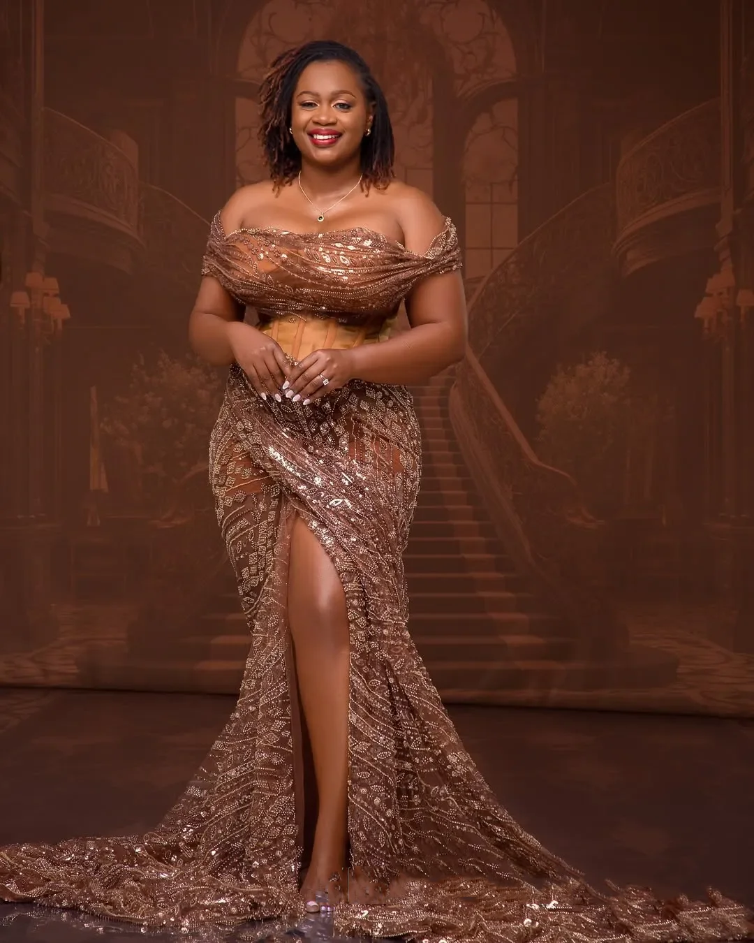 

Aso Ebi Formal Gowns Brown Mermaid Evening Dresses Sequins with Boning Side Split Lace Applique Prom Dress African Wear